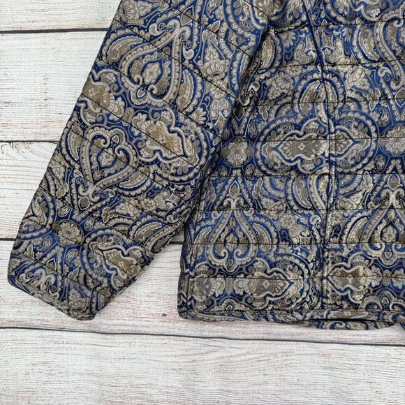 Chico's Quilt Lined Tapestry Jacket Womens Size 3/16/XL Blue/Metallic Open Front - Picture 14 of 14